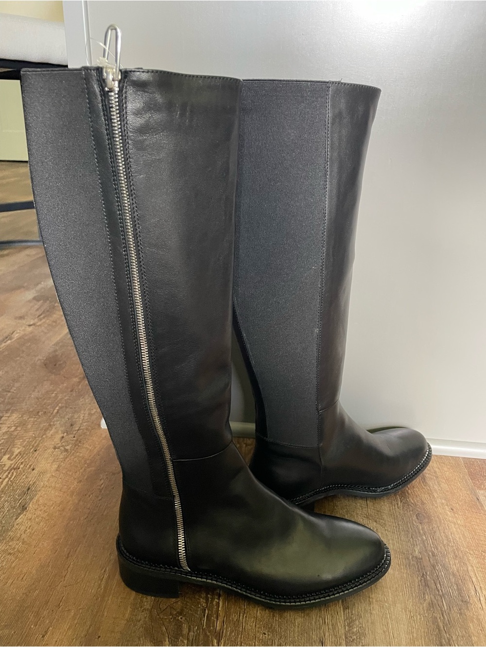 Aquatalia Black Real Leather Riding Boots with Side Zipper and elastic back